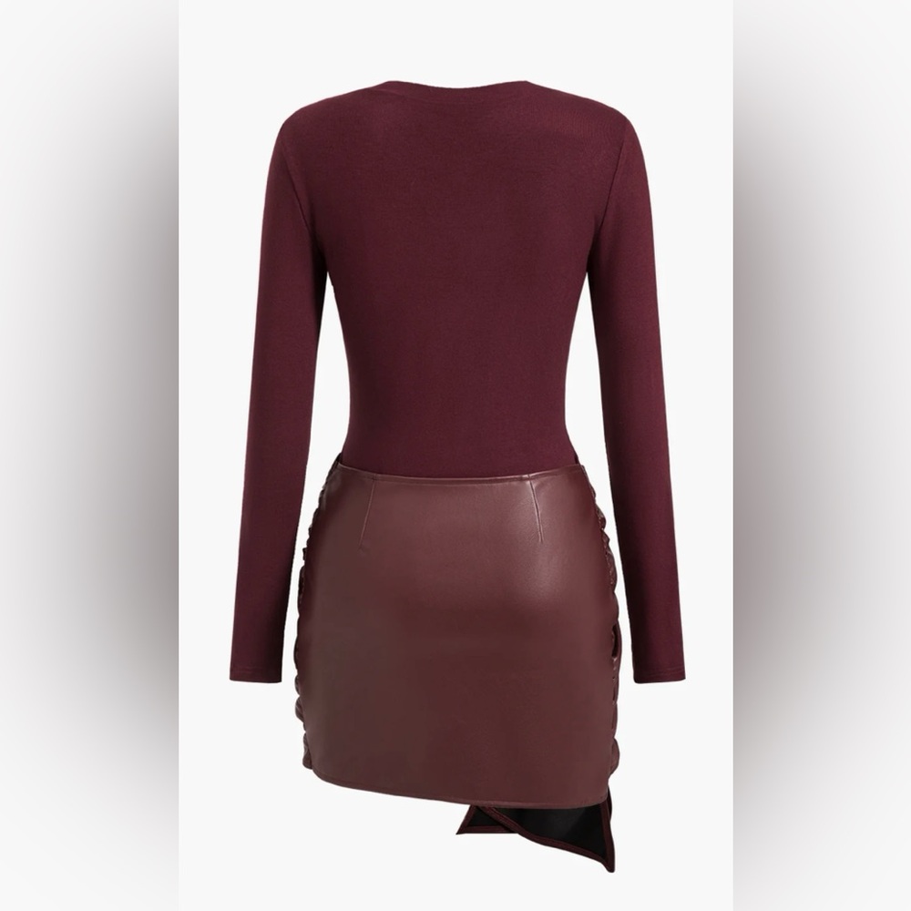 Long sleeve leather wrap burgundy dress
